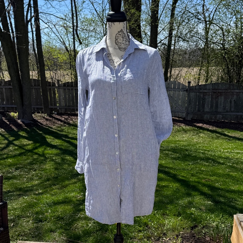 Blue and White Striped Linen Shirt Dress